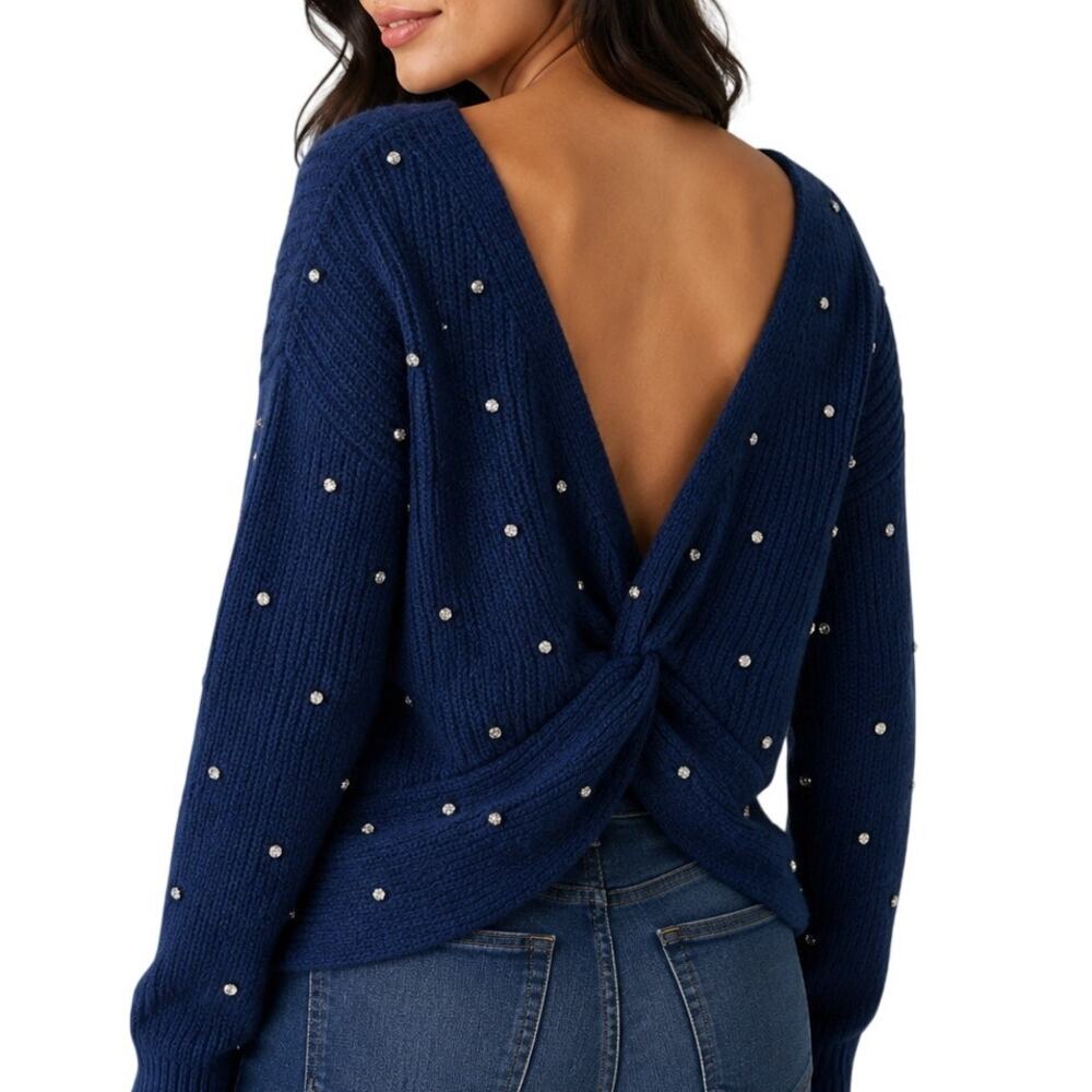 Express Rhinestone Twist Back Knit Sweater Top Navy XS Embellished